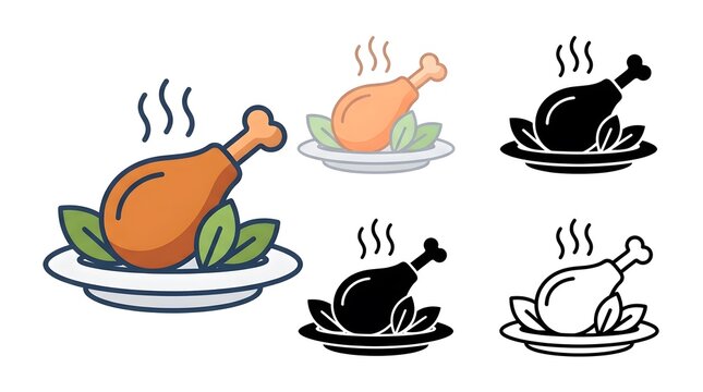 Set of hot chicken leg icons on plates in flat and glyph styles