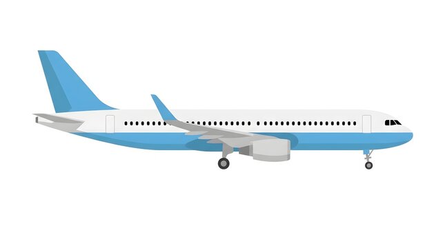 Side view of commercial passenger airplane isolated on white background