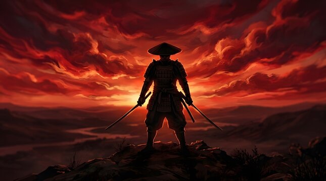 Silhouette of a traditional Japanese samurai warrior standing on a mountain ridge at sunset