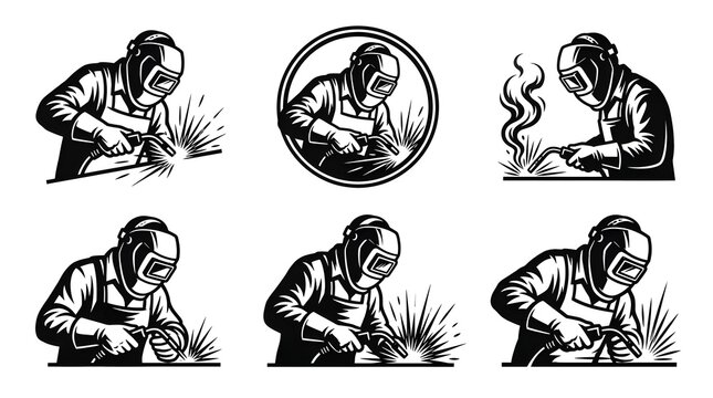 Set of professional welder logo icons in black and white style