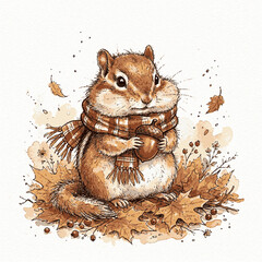 Fototapeta premium A cute fluffy chipmunk wearing a plaid scarf and holding an acorn among autumn leaves with surrounded fallen maple leaves illustration