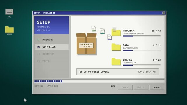 Vintage software setup wizard copying files into folders and reaching installation complete