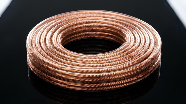 Coiled copper wire roll on reflective black surface.