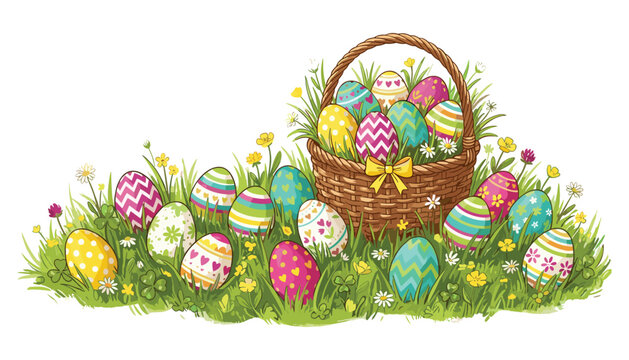 Beautiful Easter background featuring colorful painted eggs hidden in green grass and a wicker basket filled with holiday treats.