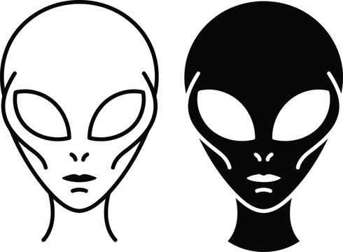 Black and white alien head icon set featuring extraterrestrial creature face silhouettes