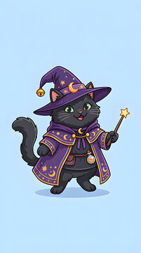 Cute black cat witch holding a star wand wearing purple magic robe and pointed hat vector illustration.