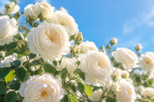A cluster of ivory garden roses in full bloom against a clear blue sky with soft sunlight.