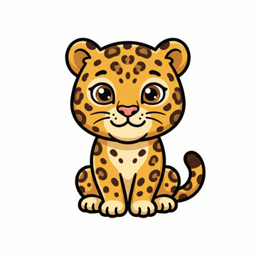 Cute leopard cub cartoon character sitting, isolated on white background. 