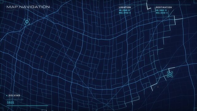 Pathfinding algorithm solving the shortest route across a blue city street network map