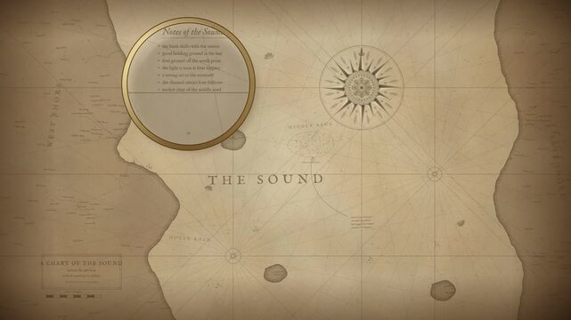 Magnifying glass moving across an antique nautical chart and revealing hidden detail