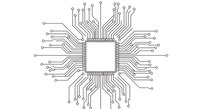 Close-up view of a microprocessor chip with surrounding circuit pathways and connection pins.