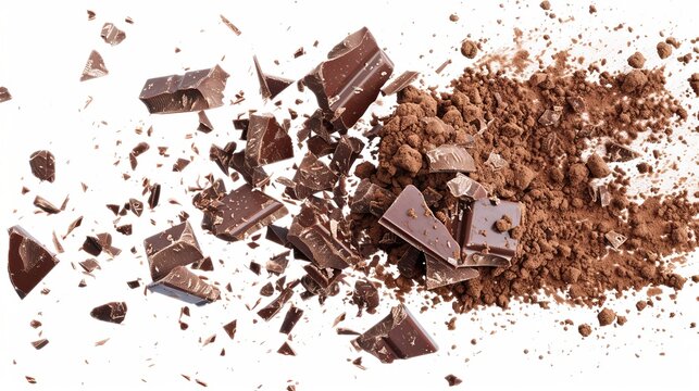 Chocolate chunks and cocoa powder explosion on a white background for sweet treat inspiration