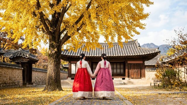 Two korean women walking toward traditional hanok, red hanbok skirts beneath golden ginkgo tree in autumn, chuseok cultural korean harvest celebration