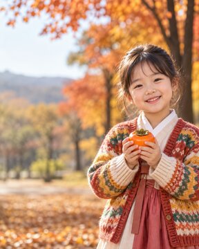 Tall autumn girl holding persimmon, korean child in hanbok inspired cardigan beneath maple tree, chuseok harvest festival scene with seasonal fruit