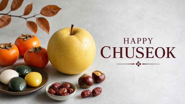 Happy Chuseok card background with Korean nashi pear, persimmons, songpyeon rice cakes chestnuts and jujubes