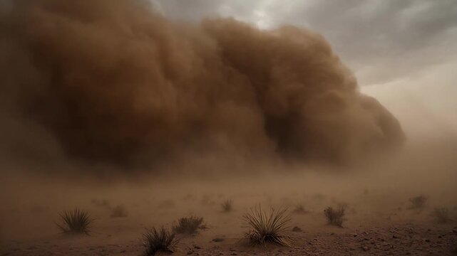 Massive Dust Storm Approaching Barren Landscape Under Dramatic Cloudy Sky