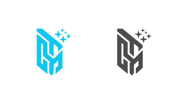Modern geometric badge logo featuring interlocking letterforms with star accents for branding identity.