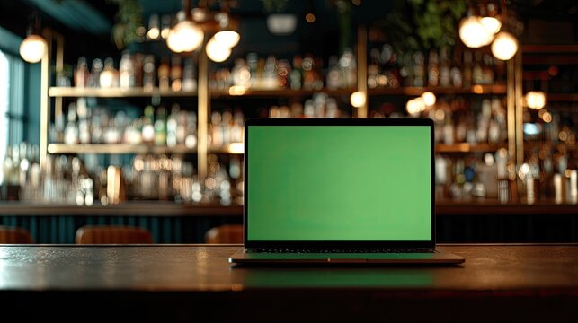 Laptop on bar counter, green screen