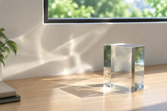 Glass prism on desk, light refraction and clarity concept