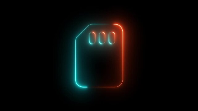 4k video Sim Card neon sign appear icon center. Animated neon icon on black background.