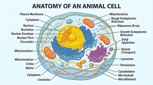 Educational diagram of animal cell anatomy with labeled organelle parts