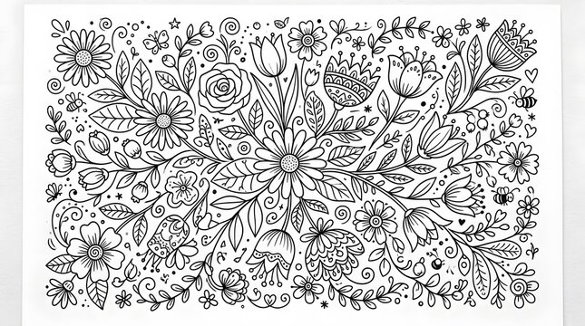 Floral doodle coloring page with hand-drawn flowers and foliage on white background