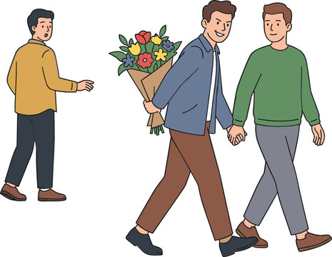 Gay Male Couple Walking Together and Holding Hands While One Man Hides Flower Bouquet Representing Secret Love Proposal Romance and Jealous Ex Boyfriend