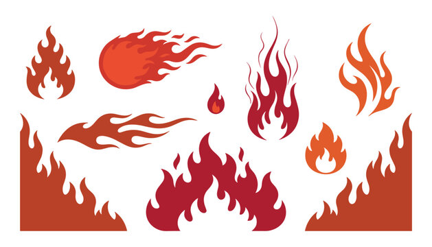 Red and orange cartoon fire flames vector element collection set including fireballs sparks and borders isolated on white background.