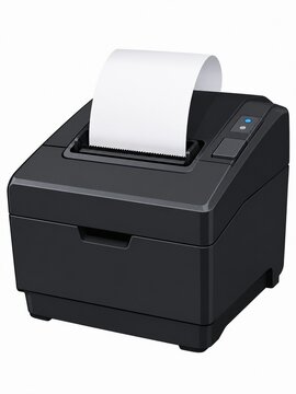 Black Thermal Receipt Printer With Paper Roll Isolated