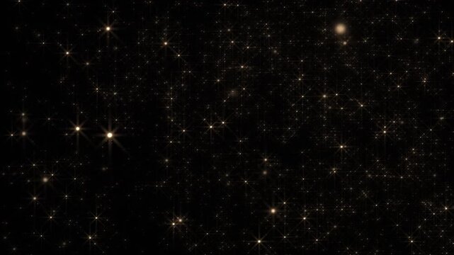 Bright shiny golden twinkling stars moving through space. This celestial glittering starry night motion background is full HD and a seamless loop.