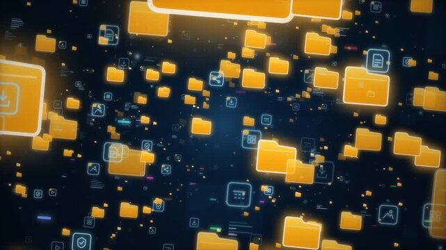 Motion background of glowing folder and file icons flying past on dark blue, seamless loop