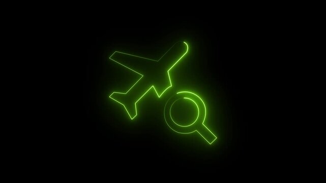 Green color glow neon plane icon animation. Neon line zet plane fighter reactive pursuit military. A glowing neon outline of an airplane. Glowing neon background