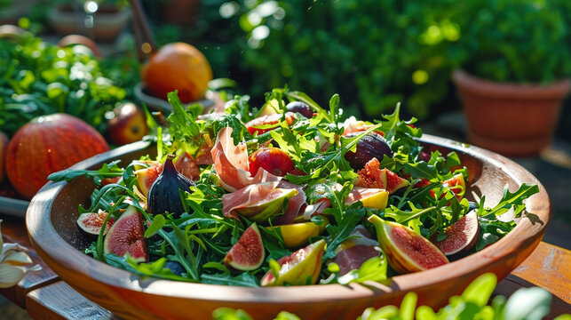 Fresh Fig Arugula and Prosciutto Salad in Rustic Bowl