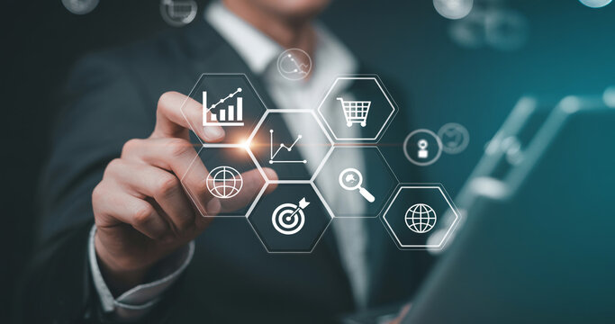 Businessman analyzing digital marketing and business analytics data