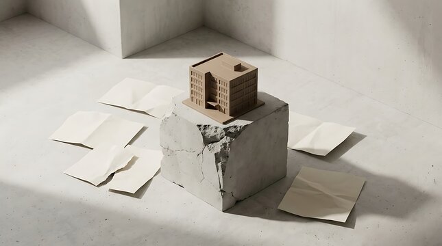 A conceptual scene illustrating bankruptcy chapter with a miniature building model on concrete and papers