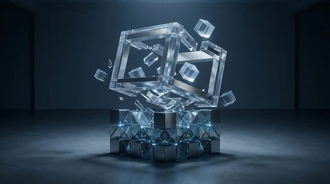 A conceptual depiction of bankruptcy chapter financial restructuring with collapsing glass cubes in a dark warehouse