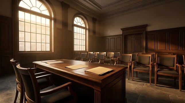 A quiet courtroom lit by sunlight featuring a wooden table prepared for a bankruptcy chapter legal hearing session