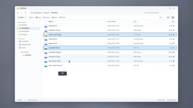 File manager window on a desktop computer selecting documents and deleting them to the trash