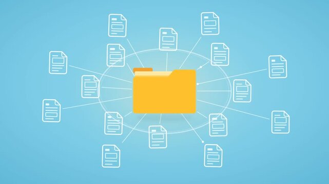 Yellow folder icon linked to white document files with one file turning red on a blue background