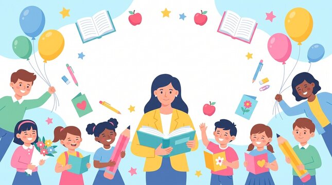 Teacher Reading with Diverse Children in a Colorful Education Illustration