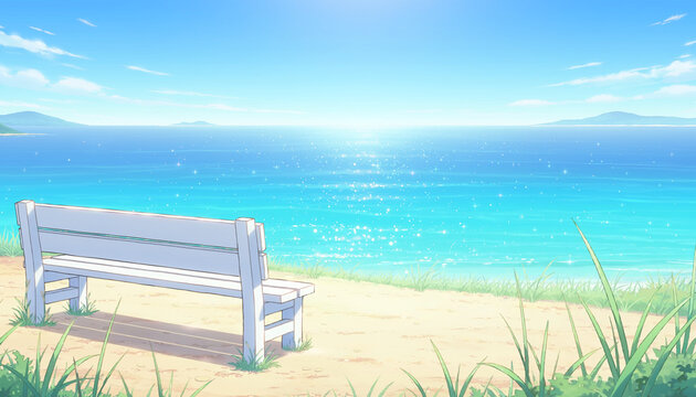 青い海と砂浜に置かれた白いベンチの夏の風景　アニメ背景風イラスト