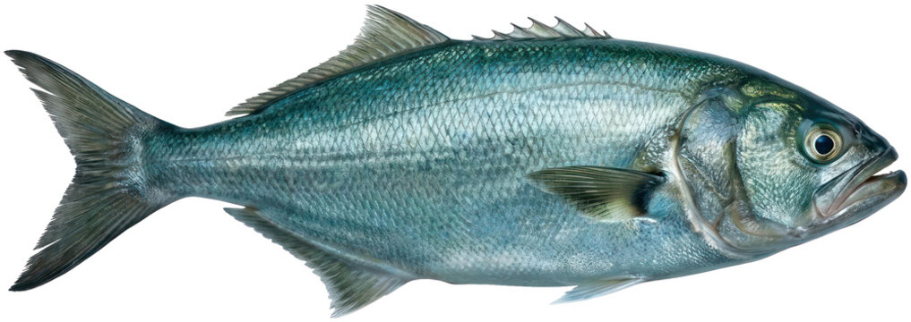 Fresh whole raw bluefish isolated on black background.