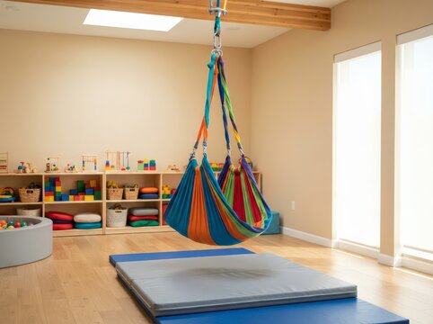 Colorful sensory therapy swing hanging in bright pediatric therapy room with soft natural light
