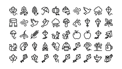 Obraz premium Collection of Minimalist Line Art Icons Featuring Nature Autumn Elements Weather Activities and Symbols on Transparent Background