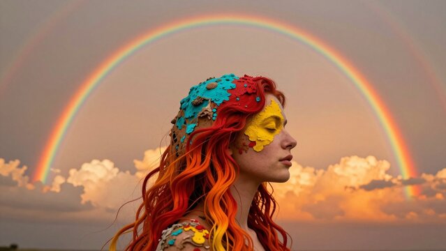 Vibrant artistic portrait with double rainbow backdrop