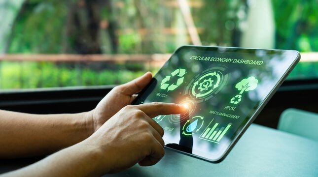 Hands using tablet with circular economy dashboard interface, displaying recycling, reuse, waste management icons, promoting sustainability, green technology, and ecology.