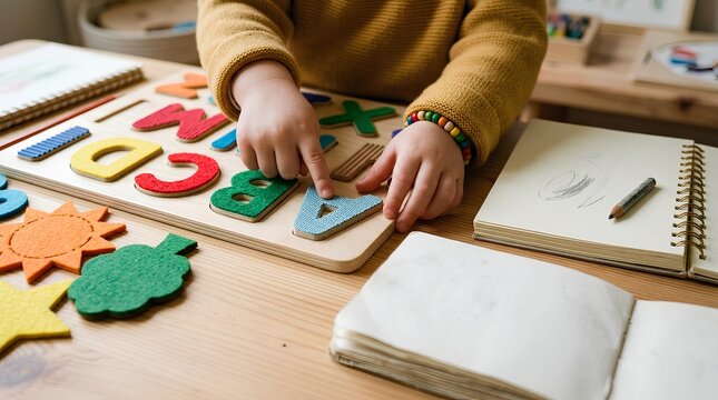 Child playing with wooden alphabet letters on table.