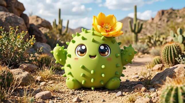 Cute cartoon cactus character in desert landscape.