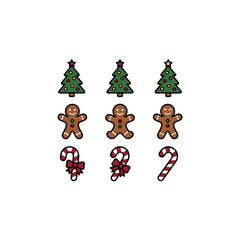 Fototapeta premium Flat design icon set with Christmas trees, gingerbread men, and candy canes on a white background