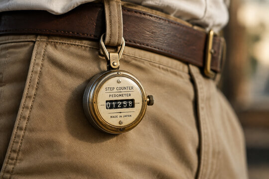 A vintage mechanical pedometer clipped onto classic khaki trousers.